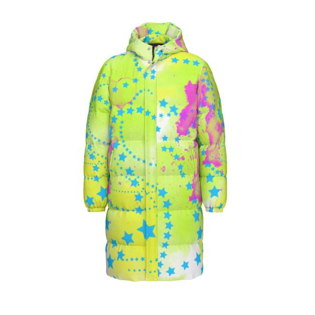 Preview: Warme Wintermantel mit Hundemotiv Dio – Popart Hundemotiv, 90% Daunen, 10% Federn, bunt, stylisch, AmStaff, Staff, Staffordshire, Pitbull, Pit, Soka, Größe XS- 4XL